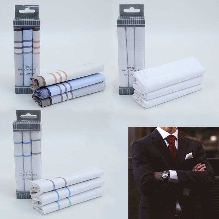 3 Men 100% Cotton Handkerchief Plaid Pocket Solid Fancy Fashion Suit Hankie Gift