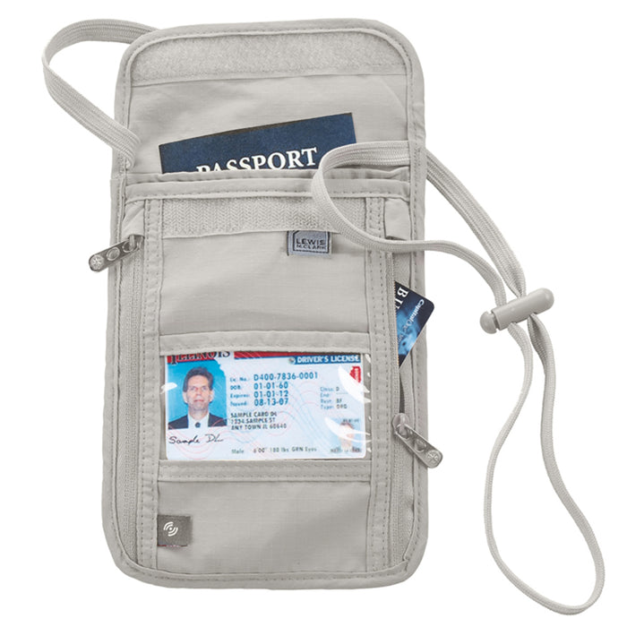 Lewis N. Clark RFID Neck Travel Wallet Blocking Stash Passport Holder Pouch Gray