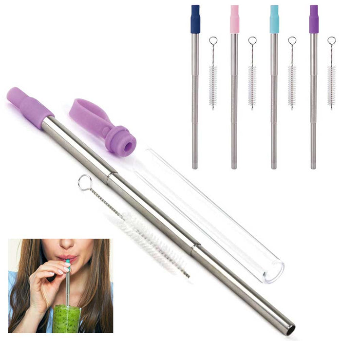1 Steel Metal Drinking Straw Silicone Tip Expandable Reusable Cleaning Brush Set