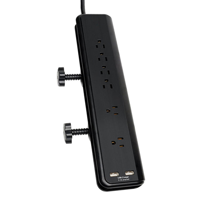 Desk Mountable Power Strip 6ft Cord 2 USB 2.1A Ports 6 Outlets Screw On Clamp