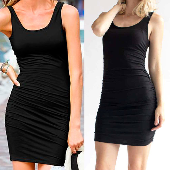 2 Pack Women's Tank Top Dress Casual Stretch Scoop Neck Sleeveless Ruched Black