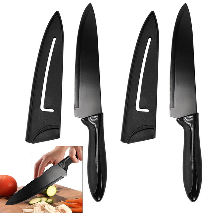 2 Pc 8" Chef Knife W/ Sheath Black Non Stick Blade Extra Sharp Home Kitchen