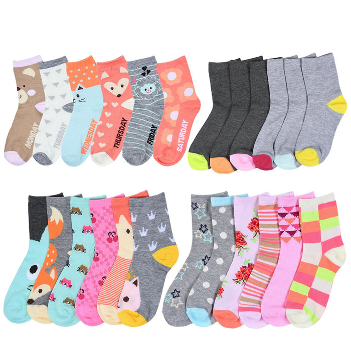 6 Pairs Girls Toddler Socks Kids Designs Size 4-6 Mixed Assorted Fashion Colors