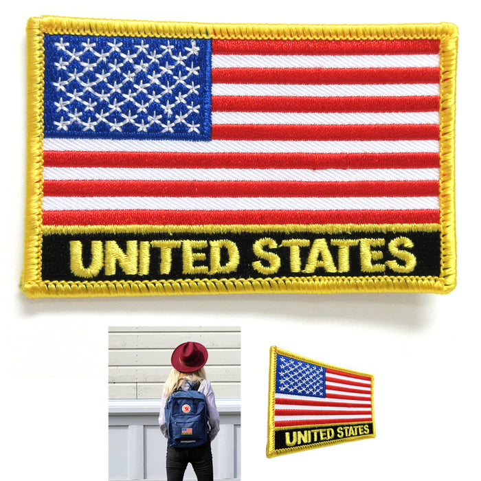AMERICAN FLAG EMBROIDERED PATCH IRON-ON GOLD BORDER USA US UNITED STATES QUALITY