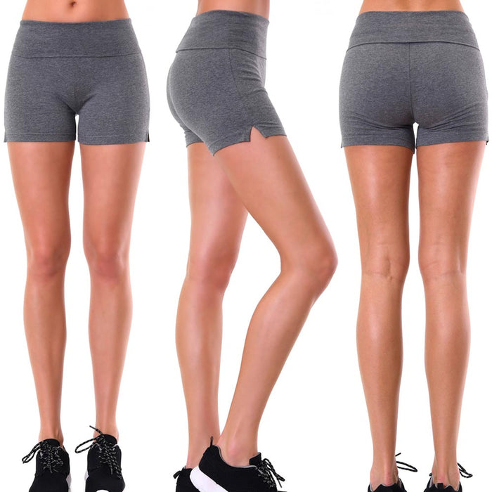Womens Yoga Fold Over Shorts Waist Gym Spandex Sexy Cotton Fitness Grey Small