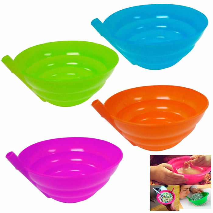 4 Cereal Bowl with Straws Kids BPA Free Plastic Toddler Built-in Straw Breakfast