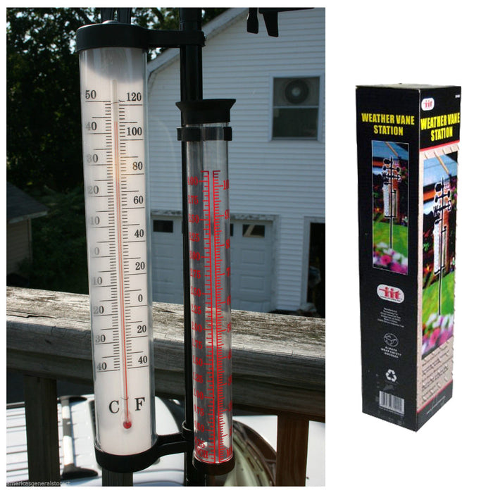 Weather Vane Station 56" Tall W/ Poll Thermometer Rain Gauge Wind Spinner Meter