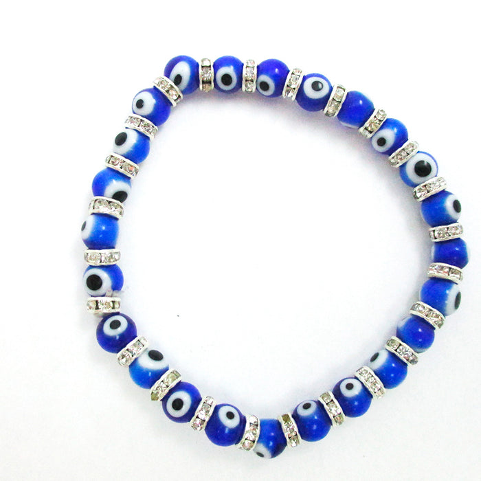 Evil Eye Glass Beads Bracelet Stretch Hamsa Lampwork 6mm Good Luck Kabbalah Blue