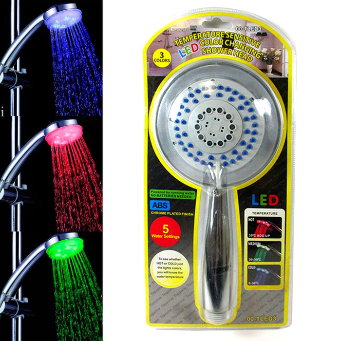 Shower Head Nozzle 3 Color LED Lights Silver Showerhead Bath Wall Holder Novelty