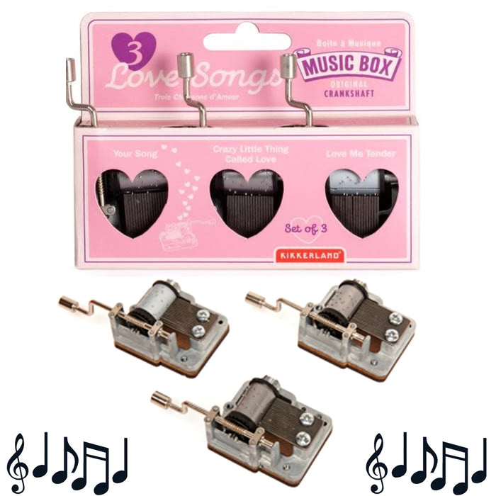 3 Pc Set Kikkerland Mechanical Crank Music Box Love Song Melody Vintage Gift