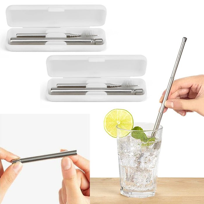 2 Travel Straw Set Steel Metal Drinking Expandable Reusable Cleaning Brush Case
