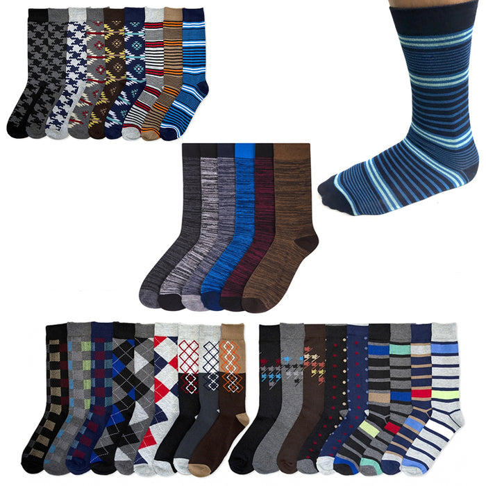 4 Pairs Mens Dress Socks Men Fashion Print Crew Design Argyle Stripe 10-13 Asst