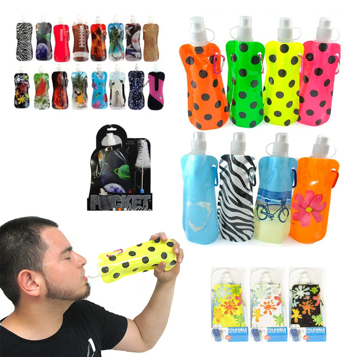 4 PC Flexible Collapsible Foldable Reusable Water Bottles Bag Camp Gym BPA Free