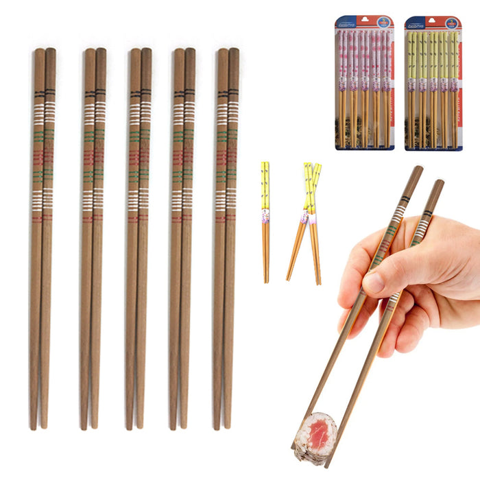 5 Pair Chinese Japanese Sushi Reusable Wooden Chopsticks Bamboo Design Pattern