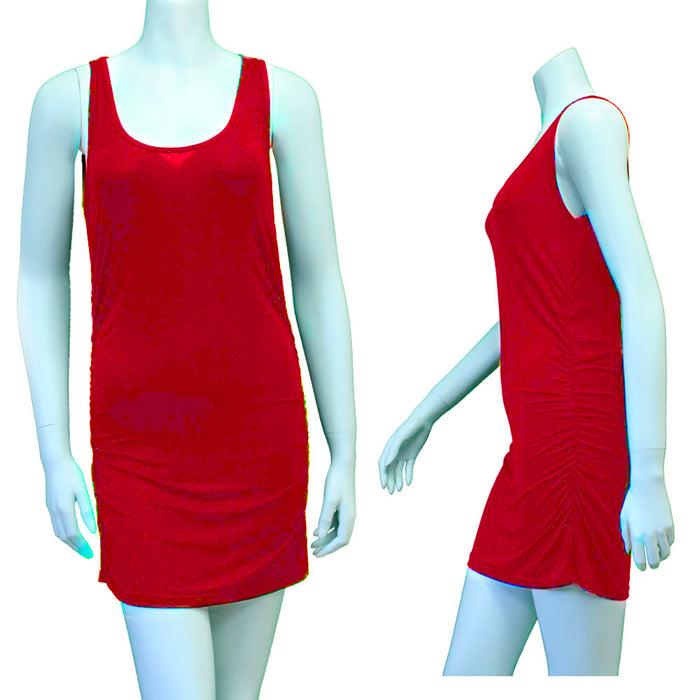 New Women's Casual Stretchy Scoop Neck Sleeveless Tank Top Dress Mini Ruched Red