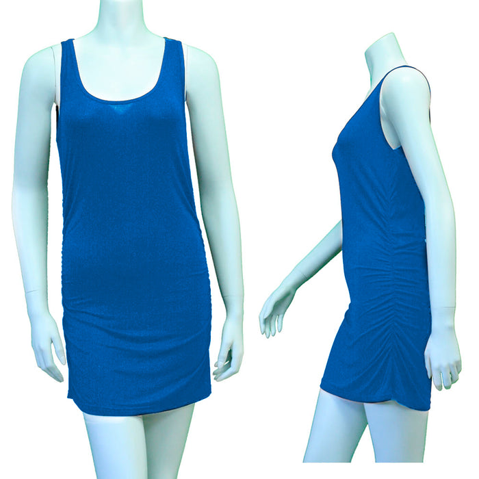 Women's Casual Stretchy Scoop Neck Sleeveless Tank Top Dress Mini Ruched Blue