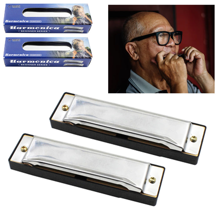 2 Pc Blues Harmonica Set 10 Holes Key of C Harp Metal Stainless Steel Silver Pro