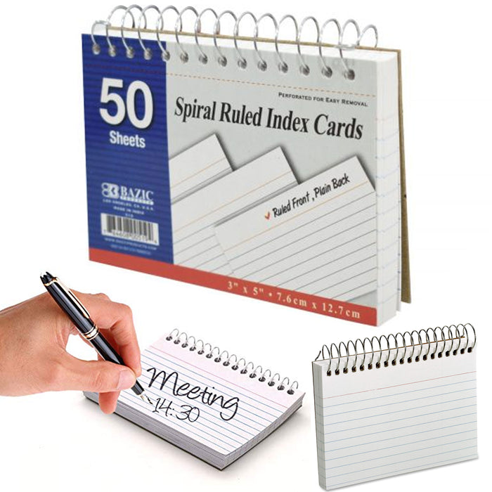 4pc White Index Cards 3" X 5" Spiral Bound Ruled Front 50 Sheets School Office