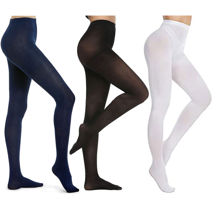 3 Pair Ladies Navy White Black Winter Tights Stockings Footed Pantyhose One Size