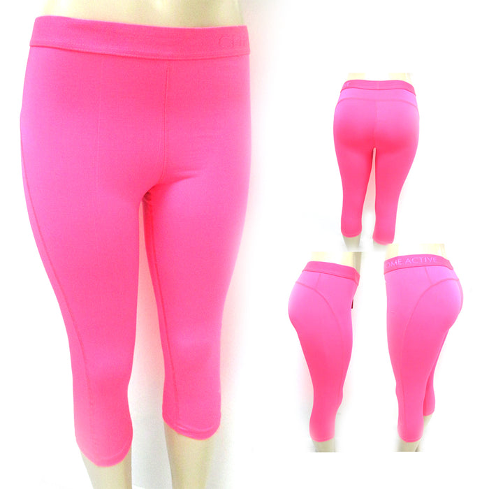 Women Leggings Pants Cropped Capri Running Yoga Sport High Waist Fitness Pink L
