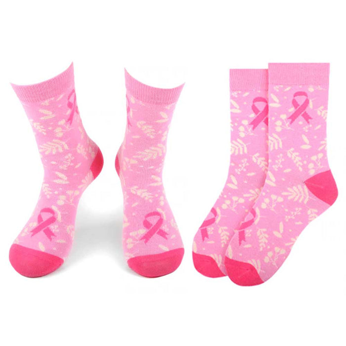2 Pairs Pink Ribbon Socks Size 9-11 Breast Cancer Awareness Support Girls Womens