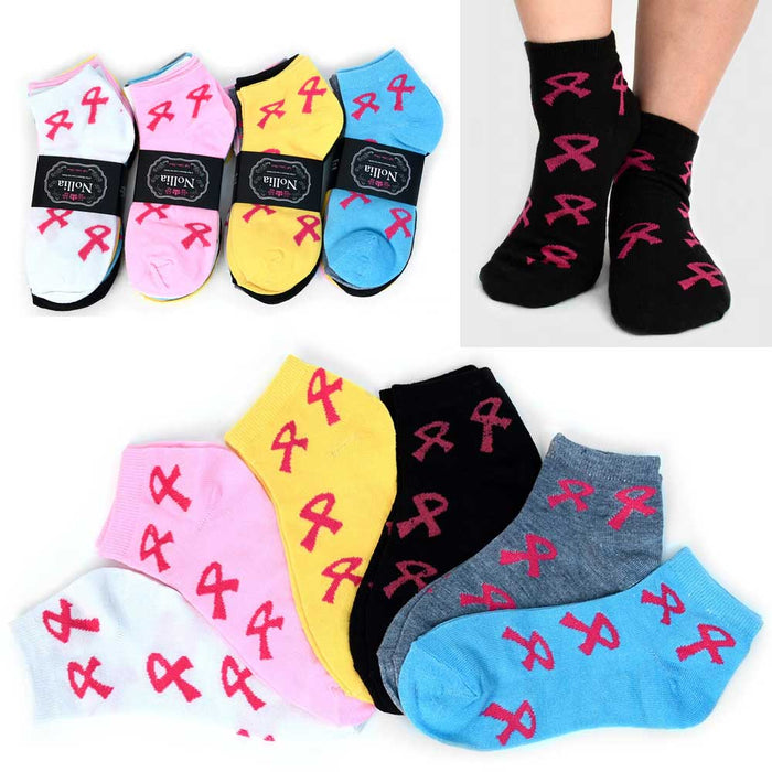 12 Pair Pink Ribbon Socks Breast Cancer Awareness Womens Support Girls Size 9-11