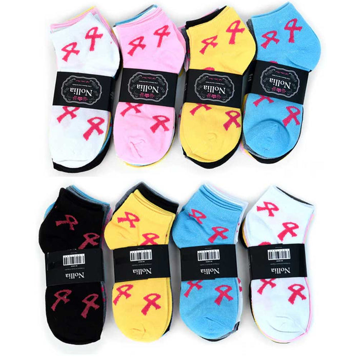 12 Pair Pink Ribbon Socks Breast Cancer Awareness Womens Support Girls Size 9-11