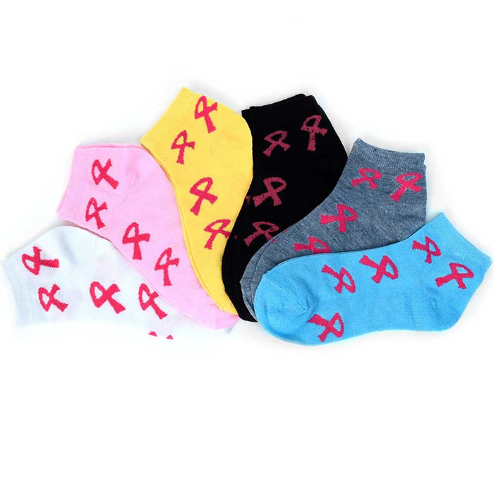 6 Pair Pink Ribbon Socks Breast Cancer Awareness Womens Support Girls Size 9-11