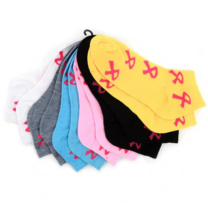 12 Pair Pink Ribbon Socks Breast Cancer Awareness Womens Support Girls Size 9-11