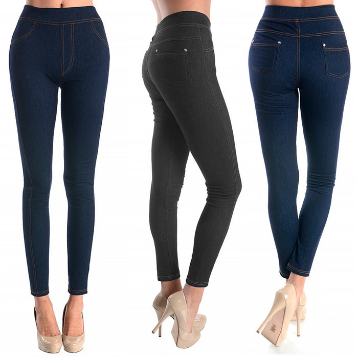 2Pc Women Stretchy Jeggings Skinny Pants Soft Jeans Leggings Black Blue One Size