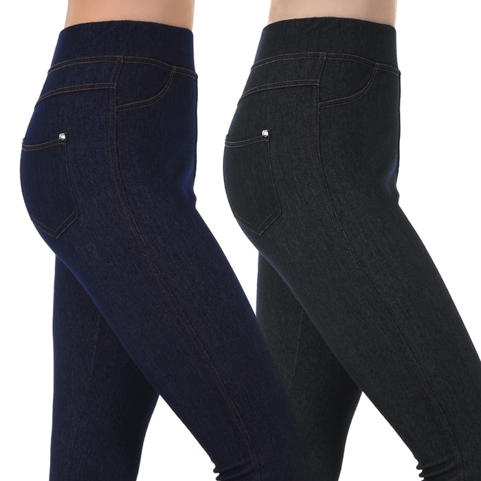 2Pc Women Stretchy Jeggings Skinny Pants Soft Jeans Leggings Black Blue One Size
