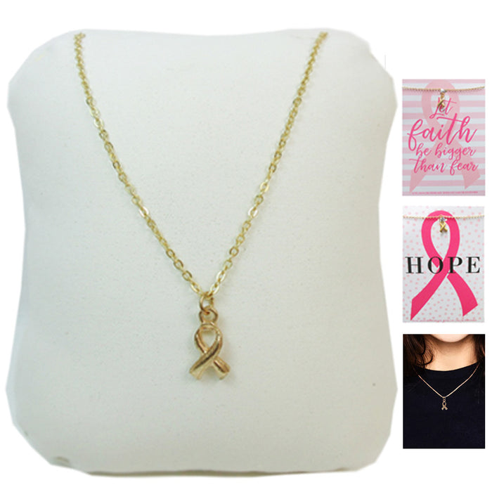 Gold Chain Breast Cancer Awareness Ribbon Pendant Necklace Jewelry Card Gift