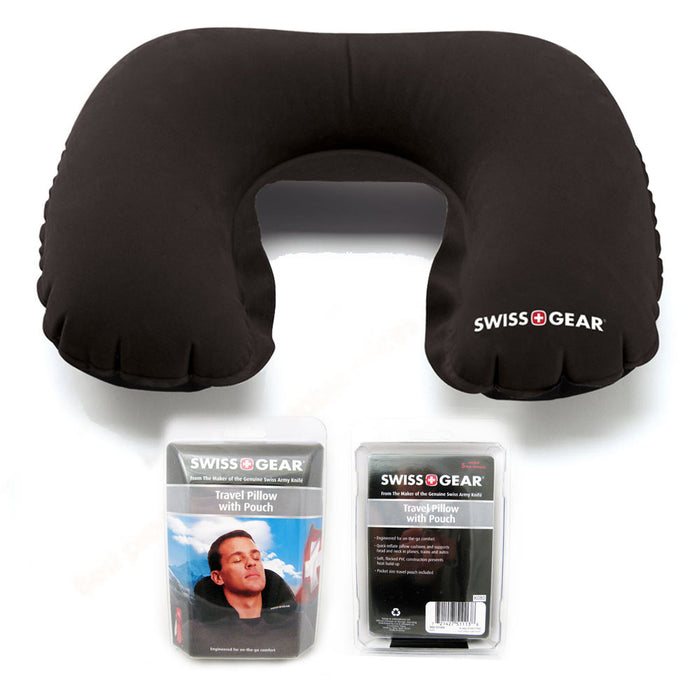 SWISS TRAVEL PILLOW POUCH BLACK NECK INFLATIBLE REST CUSHION SUPPORT CAR OFFICE