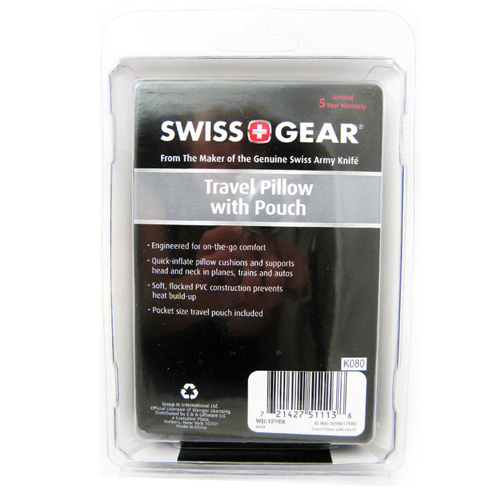 SWISS TRAVEL PILLOW POUCH BLACK NECK INFLATIBLE REST CUSHION SUPPORT CAR OFFICE