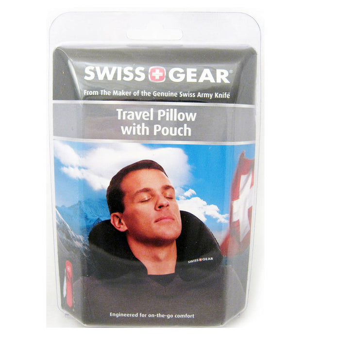 SWISS TRAVEL PILLOW POUCH BLACK NECK INFLATIBLE REST CUSHION SUPPORT CAR OFFICE