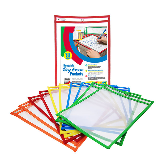 10 PC Reusable Laminate Folder Dry Erase Pockets 9 x 12 Inches Assorted Colors