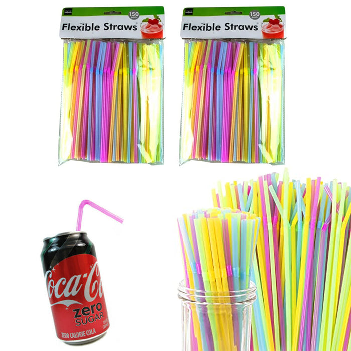 300 Neon Drinking Straws Flexible Plastic Party Home Bar Drink Cocktail Cup Fun