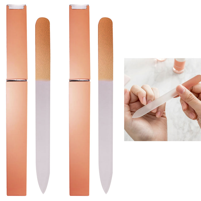 2 Sets Rose Gold Crystal Glass Nail File Case Manicure Emery Board Salon Pro