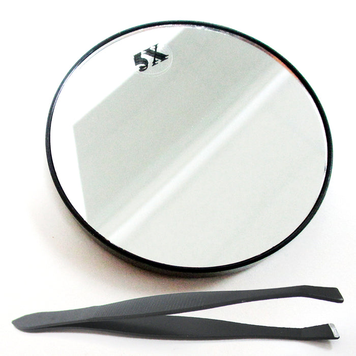 Make Up Mirror Cosmetic 5x Magnifying Compact With Suction Cups and Tweezers Set