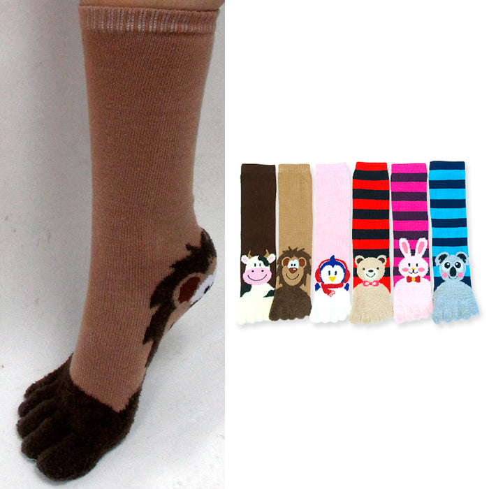 6 Pair ToeSox Calf Length Animal Womens Funny Feet Striped Toe Socks Size 9-11