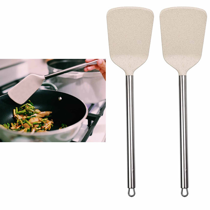2 Pc Spatula Turner Cooking Utensils Wheat Straw Stainless Steel Handle Kitchen