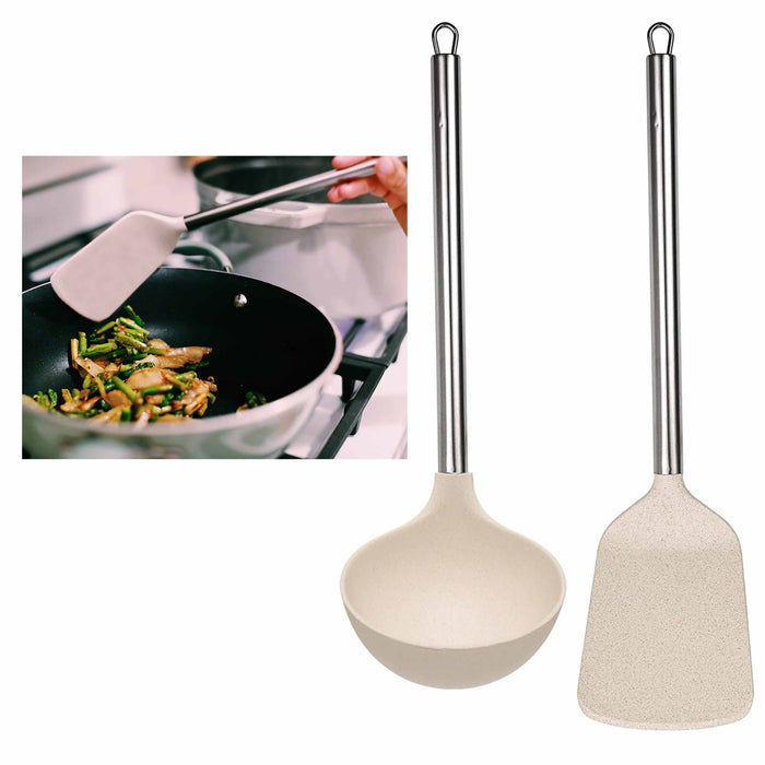 2 Pc Ladle Spatula Utensil Set Wheat Straw Cooking Turner Stainless Steel Handle