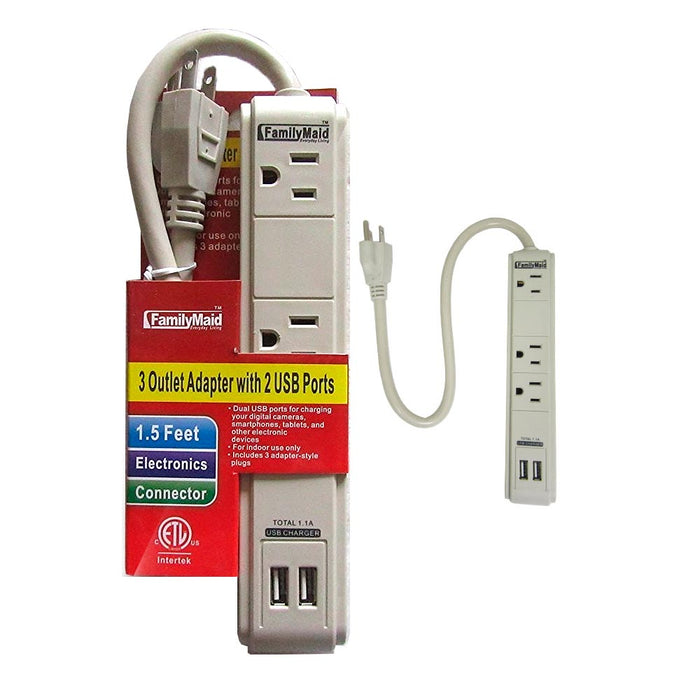 3 Outlet Surge Protector Dual 2 USB Charging Ports Power Socket Strip Adapter