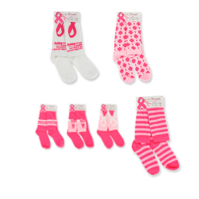 2 Pairs Pink Ribbon Knee High Socks Breast Cancer Awareness Support Womens New