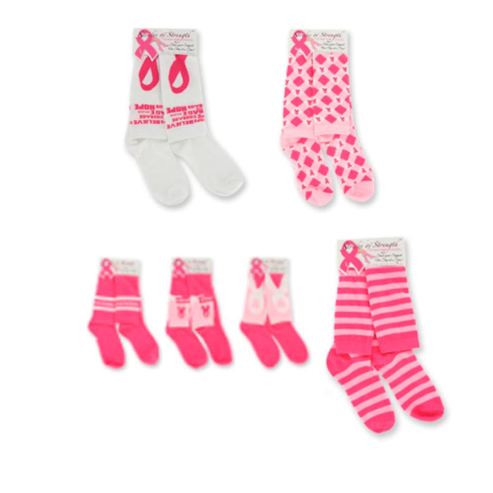 1 Pair Breast Cancer Awareness Knee High Socks Womens Pink Ribbon Support White