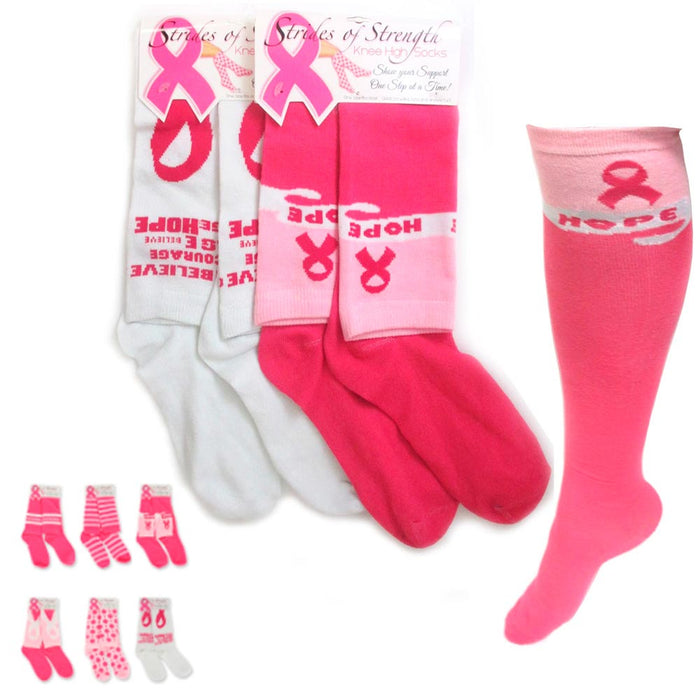 1 Pair Breast Cancer Awareness Knee High Socks Womens Pink Ribbon Support White