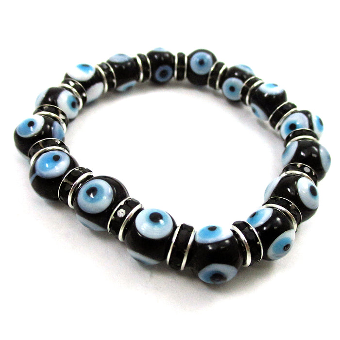 2 Bracelets Evil Lucky Eye Charm Black Glass Beads Stretch String Amulet 7mm