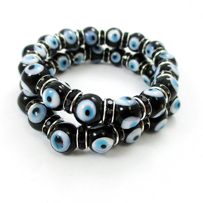 2 Bracelets Evil Lucky Eye Charm Black Glass Beads Stretch String Amulet 7mm