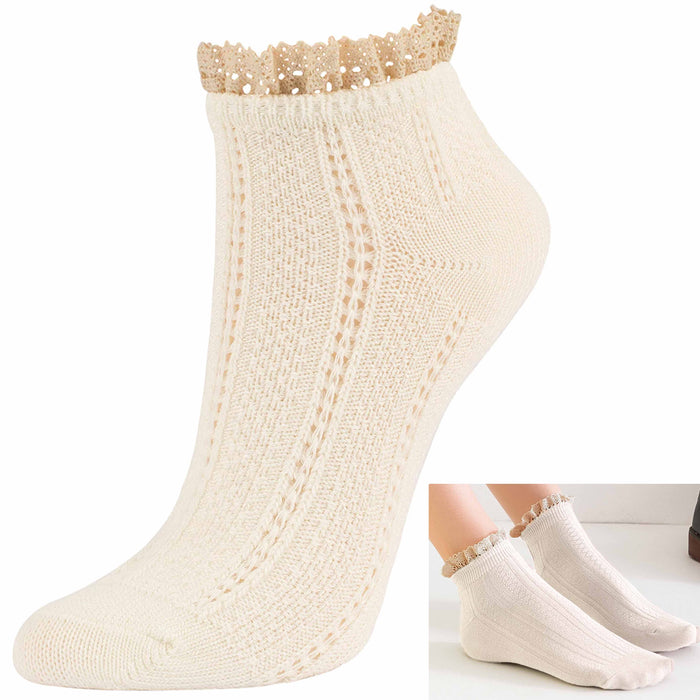 4 Pair Women Ankle Socks Fancy Retro Lace Ruffle Frilly Princess Crew Ivory 7-9