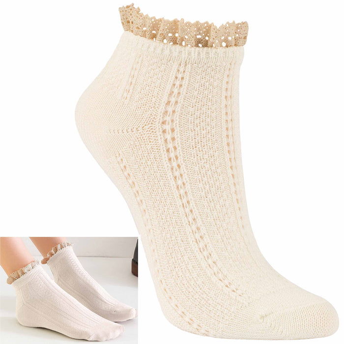 4 Pair Women Ankle Socks Fancy Retro Lace Ruffle Frilly Princess Crew Ivory 7-9